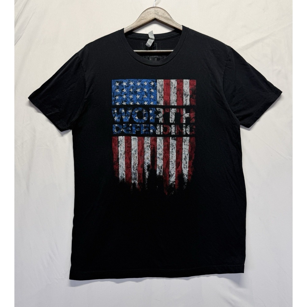 Next Level Apparel T-Shirt Men Large Black American Flag Worth Defending Graphic